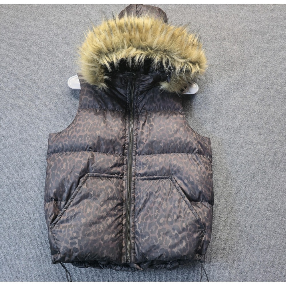 Coach Vest Hooded Womens XS Brown Leopard Print  Down Puffer Faux Fur